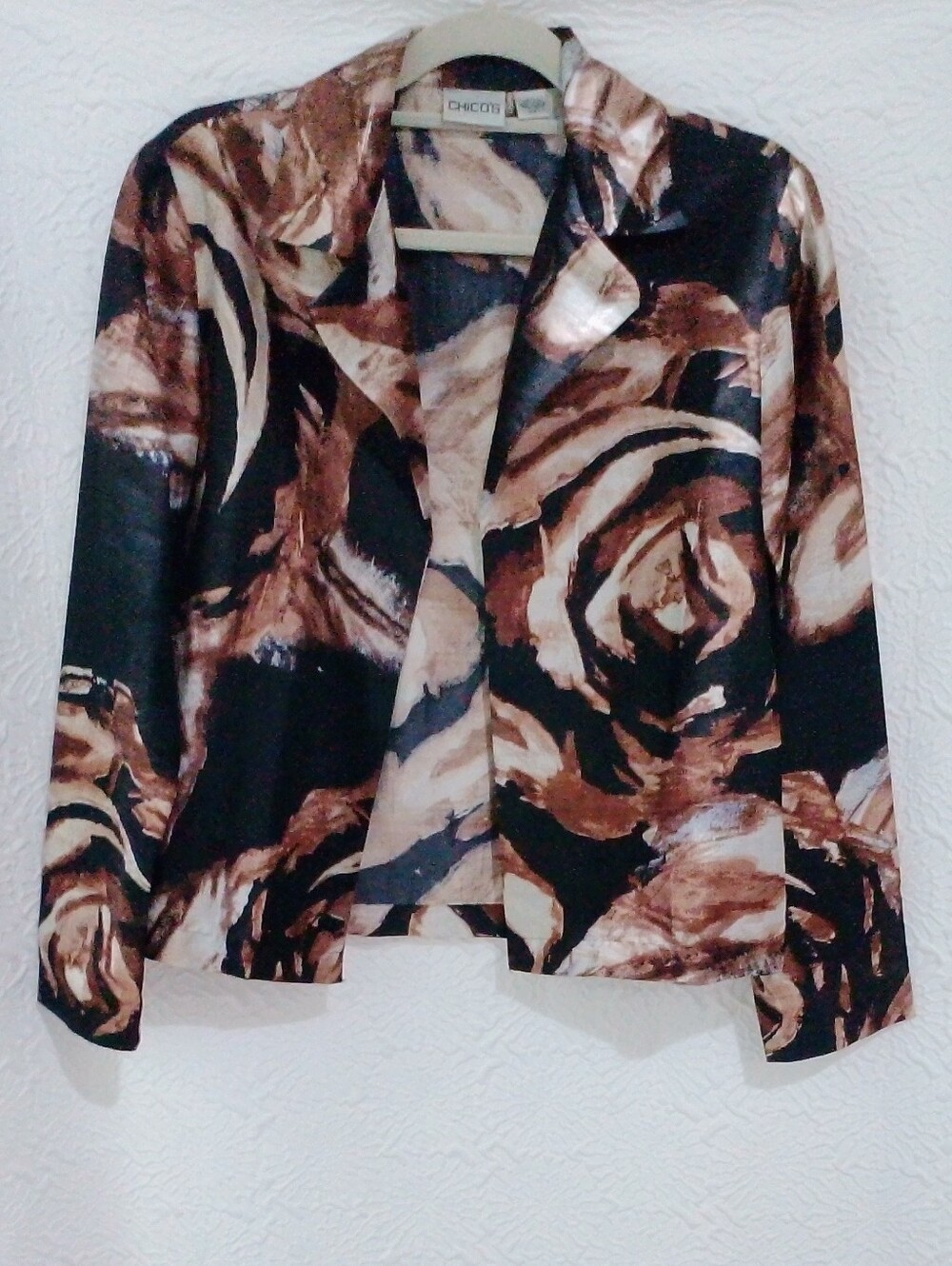 Chico's 100% Silk Open Blazer Jacket Size 0 S 4 6 Floral Rose Black Brown Artsy